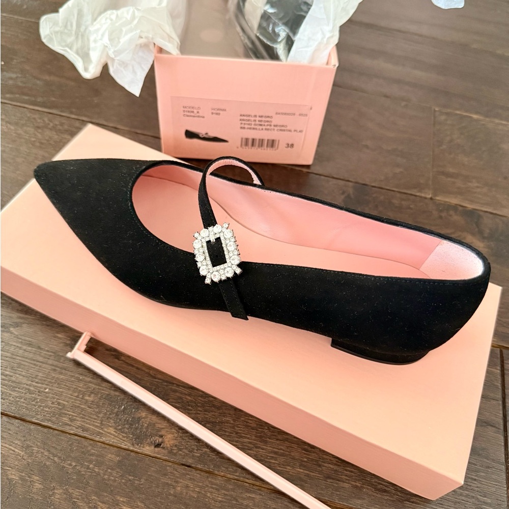 Pretty Ballerinas Suede Black Flats with Rhinestone Buckle